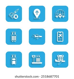 Set Plane, Scale with suitcase, Calendar and airplane, Mobile ticket, Suitcase, Globe flying and No scissors icon. Vector