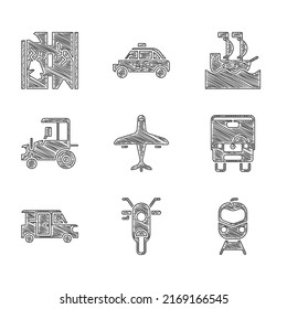 Set Plane, Scooter, Train And Railway, Bus, Minibus, Tractor, Sailboat And Broken Road Icon. Vector