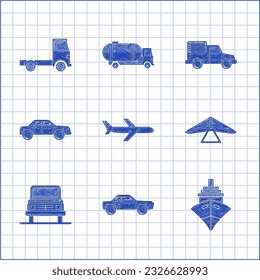 Set Plane, Sedan-Auto, Frachtschiff, Hang-Gleiter, Liefer-Lastkraftwagen-Fahrzeug und Ikone. Vektorgrafik