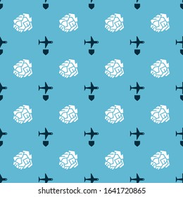 Set Plane with shield and Crumpled paper ball on seamless pattern. Vector