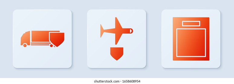 Establecer plano con escudo, coche de carga de entrega con escudo y forma vacía. Botón cuadrado blanco. Vector