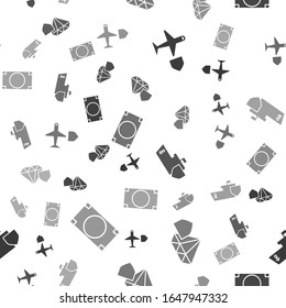 Set Plane with shield, Diamond with shield, Ship with shield and Stacks paper money cash on seamless pattern. Vector