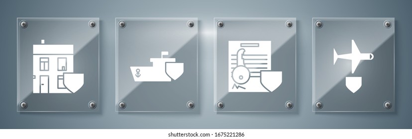 Set Plane with shield, Document with key with shield, Ship with shield and House with shield. Square glass panels. Vector