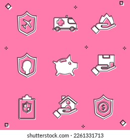 Set Plane with shield, Emergency car, Hand holding fire, Life insurance, Piggy bank, Delivery, Document and House icon. Vector