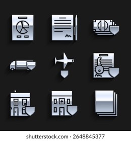 Set Plane with shield, Medical hospital building, Clean paper, Document key, House, Delivery cargo truck, Money and graph chart icon. Vector