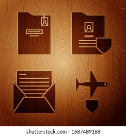 Set Plane with shield, Personal folder, Mail and e-mail and Document with shield on wooden background. Vector