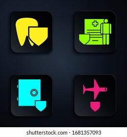 Set Plane with shield, Tooth with shield, Safe with shield and Medical clipboard with clinical record. Black square button. Vector