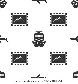 Set Plane, Ship and Postal stamp and Mountains on seamless pattern. Vector