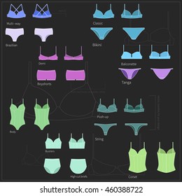 Set of plane simple women`s underwear in front and back views. Bright Vector illustration.