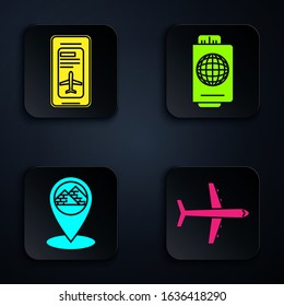 Set Plane, Smartphone with electronic boarding pass airline ticket, Map pointer with Egypt pyramids and Passport with ticket. Black square button. Vector