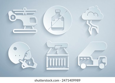 Set Plane, Storm, Modern pilot helmet, Passenger ladder, No alcohol and Helicopter icon. Vector