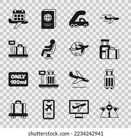 Set Plane, Suitcase, Passenger ladder for plane boarding, Human waiting airport terminal, Scale with suitcase, Calendar and airplane and Globe flying icon. Vector
