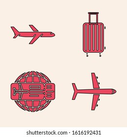Set Plane, Plane, Suitcase for travel and Airline ticket icon. Vector