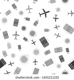 Set Plane, Suitcase for travel, Suitcase for travel and Globe with flying plane on seamless pattern. Vector