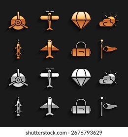 Plano fijo, Clima solar y nublado, paleta eólica de cono de meteorología, maleta, cohete, paracaídas, hélice e ícono. Vector