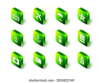 Set Plane, Sun protective umbrella for beach, Starfish, Passport, Sunscreen spray bottle, Ice cream and Travel ticket icon. Vector