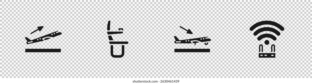 Ícone de sinal wi-fi Definir decolagem do avião, assento do avião, aterrissagem e roteador. Vetor