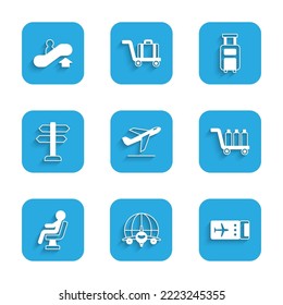 Set Plane takeoff, Globe with flying plane, Airline ticket, Trolley baggage, Human waiting airport terminal, Road traffic sign, Suitcase and Escalator up icon. Vector
