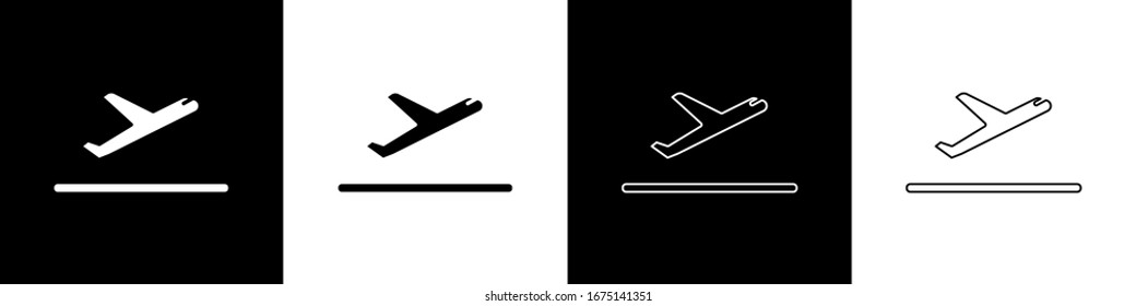 Establecer icono de despegue de plano aislado en fondo blanco y negro. Símbolo de transporte del avión.  Ilustración vectorial