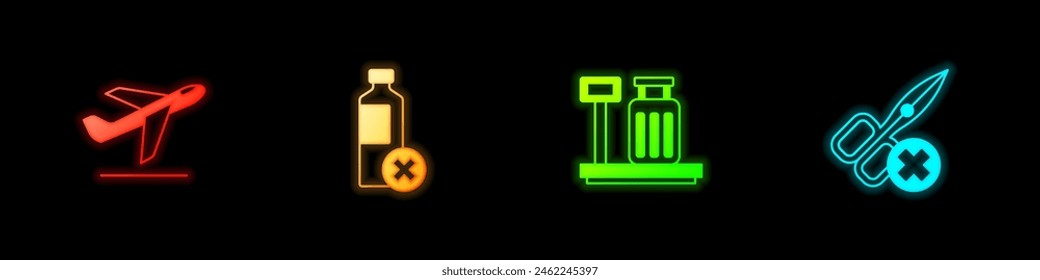 Set Plane takeoff, No water bottle, Scale with suitcase and scissors icon. Vector