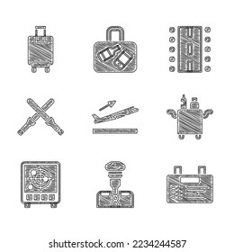 Set Plane takeoff, Pilot, Airport board, Trolley for food, Radar with targets on monitor, Marshalling wands, runway and Suitcase icon. Vector