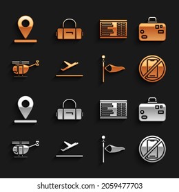 Set Plane takeoff, Suitcase, No cell phone, Cone meteorology windsock wind vane, Helicopter, Airport board, Location and  icon. Vector