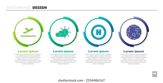 Decolagem de avião, sol e tempo nublado, pouso de helicóptero e em todo o mundo. Modelo de infográfico comercial. Vetor