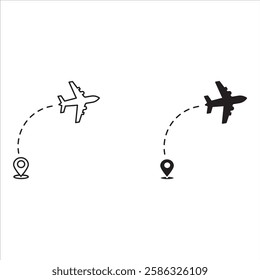 Set Plane track to point with dashed line way or air lines, airplane icon on white background,
