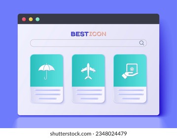 Set Plane, Umbrella and Safe in hand icon. Vector