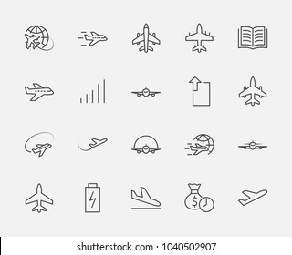 Set of plane vector line icon. It contains symbols to aircraft, globe and more. Editable move. 32x32 pixels.