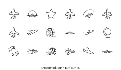 Set of plane vector line icon. It contains symbols to aircraft, globe and more. Editable move. 32x32 pixels.