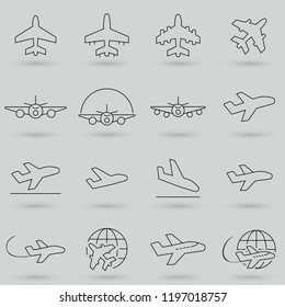 Set of plane vector line icon. It contains symbols to aircraft, globe and more. 32x32 pixels. Simple line vector illustration
