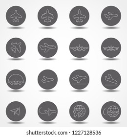Set of plane vector line icon. It contains symbols to aircraft, globe and more. Thin line vector icons for website design and development, app development.