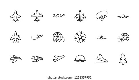 Set of plane vector line icon. It contains symbols to aircraft, globe and more. Editable move. 32x32 pixels.