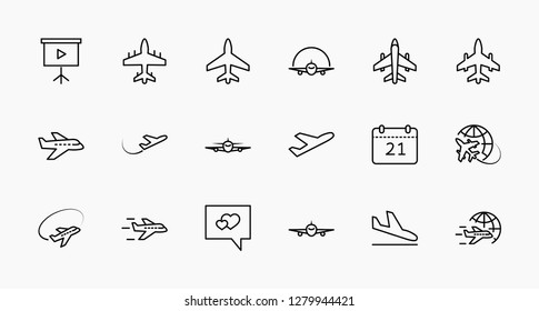 Set of plane vector line icon. It contains symbols to aircraft, globe and more. Editable move. 32x32 pixels.