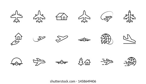 Set of Plane vector line icon. It contains symbols to aircraft, globe and more. Editable Stroke. 32x32 pixels.