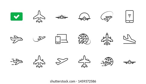 Set of Plane vector line icon. It contains symbols to aircraft, globe and more. Editable Stroke. 32x32 pixels.