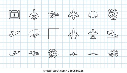 Set of Plane vector line icon. It contains symbols to aircraft, globe and more. Editable Stroke. 32x32 pixels.