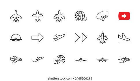 Set of Plane vector line icon. It contains symbols to aircraft, globe and more. Editable Stroke. 32x32 pixels.