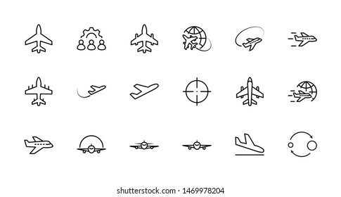 Set of Plane vector line icon. It contains symbols to aircraft, globe and more. Editable Stroke. 32x32 pixels.