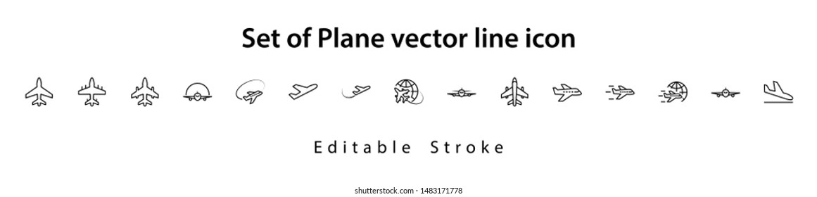 Set of Plane vector line icon. It contains symbols to aircraft, globe and more. Editable Stroke. 32x32 pixels.