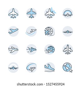 Set of Plane vector line icon. It contains symbols to aircraft, globe and more. Editable Stroke.  