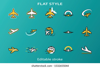 Set of Plane vector line icon. It contains symbols to aircraft, globe and more. Editable Stroke. 32x32 pixels.