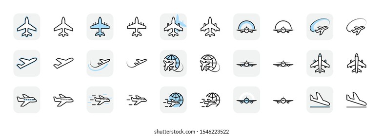 Set of Plane vector line icon. It contains symbols to aircraft, globe and more. Editable Stroke. 32x32 pixels.