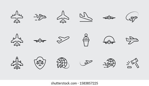 Set of Plane vector line icon. It contains symbols to aircraft, globe and more. Editable Stroke. 32x32 pixels.