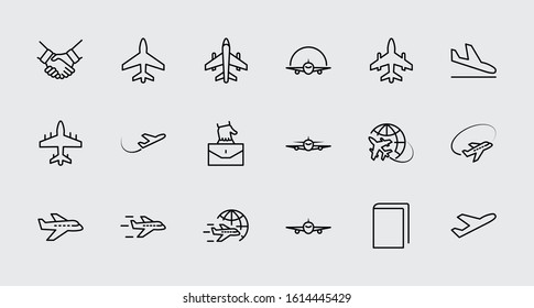 Set of Plane vector line icon. It contains symbols to aircraft, globe and more. Editable Stroke. 32x32 pixels.