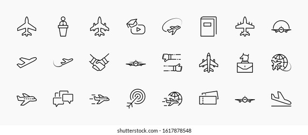 Set of Plane vector line icon. It contains symbols to aircraft, globe and more. Editable Stroke. 32x32 pixels.