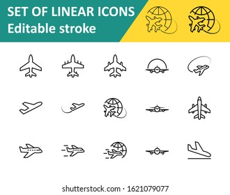 Set of Plane vector line icon. It contains symbols to aircraft, globe and more. Editable Stroke. 32x32 pixels.