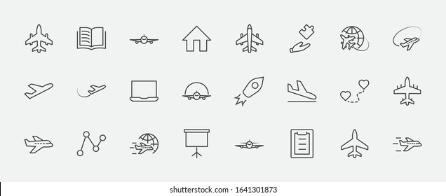 Set of Plane vector line icon. It contains symbols to aircraft, globe and more. Editable Stroke. 32x32 pixels.