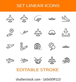 Set of Plane vector line icon. It contains symbols to aircraft, globe and more. Editable Stroke. 32x32 pixels.